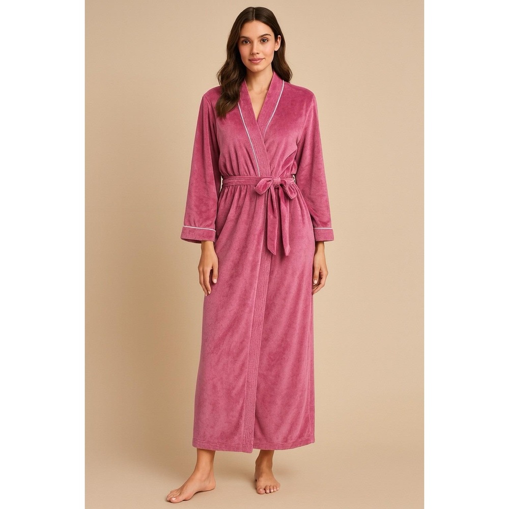 Vintage Olga Velour‎ Lingerie Robe Pink Full Length Belted Size Medium 70s 80s